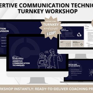 May include: A digital marketing product for coaches and trainers. The image shows a computer screen with the text "Assertive Communication Techniques Turnkey Workshop" and a graphic of two people talking. The text "Instant Start Turnkey Workshops & Script" is also visible.