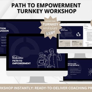 May include: A digital marketing workshop for personal empowerment. The workshop includes a script, speaker notes, and reflection and discussion slides. The workshop is titled "Path to Empowerment Turnkey Workshop".