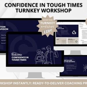 May include: A digital marketing workshop on building confidence in tough times. The image shows a computer screen with a presentation slide titled "Welcome Confidence in Tough Times". The presentation includes illustrations of people and text. The image also shows a laptop screen with a presentation slide titled "Strengths and Skills for Growth".