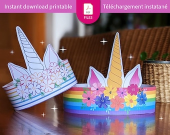 Couronne licorne à imprimer – version colorée et à colorier, idéale pour anniversaire enfant, fête licorne, activité DIY