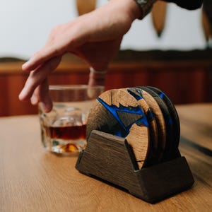Elegant Resin Coasters Set with Holder Wood Bog Oak Epoxy Drink Coaster Blue Epoxy Drink Coasters Set Handmade Wood Anniversary Gift