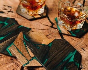 Wooden Coasters Whiskey Gift Bog Oak Table Decor Green Epoxy Resin Coaster Realtor Closing Gift Housewarming Gift