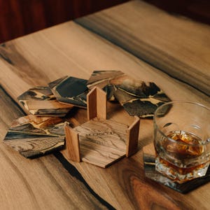 Yellow Resin Coasters Wooden Coasters With Holder Bog Oak Epoxy Coaster 5th Anniversary Gift Drink Table Coasters Set Wood
