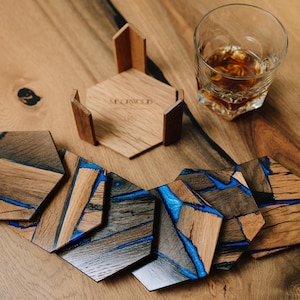 Resin Coasters Set with Holder Blue Epoxy Coasters Bog Oak Drink Coasters New Home Table Coaster 5th Anniversary Gift