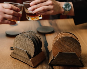 Laser Engraved Bog Oak Coasters with Holder, Anniversary Gift