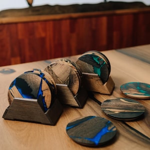 Resin Coaster Set with Holder Drink Coasters Round Coasters Rustic Wood Coasters with Epoxy Set of Table Coasters Perfect Gift for Him