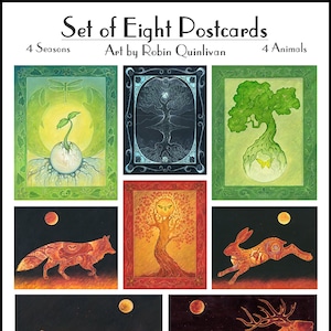 Cartes postales - Lot de huit mini impressions d'art - Quatre saisons - Quatre animaux - Illustrations par Robin Quinlivan