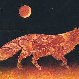 Fox print 11x14 art print of oil pastel etching totem animal shaman pagan goddess art vulpecula constellation image 1