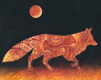 Fox print - 11x14 art print of oil pastel etching - totem animal shaman pagan goddess art - vulpecula constellation