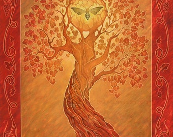 Autumn - tree of life - four seasons art - 11x14 art print of oil pastel etching - bee goddess - dryad