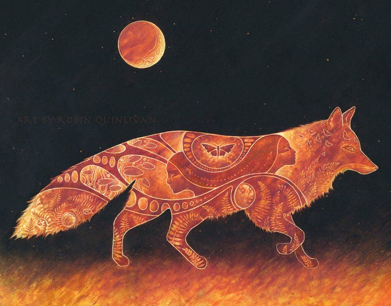 Fox print 11x14 art print of oil pastel etching totem animal shaman pagan goddess art vulpecula constellation image 1