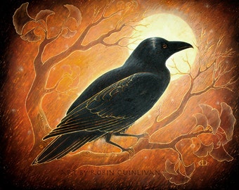The Raven and the Moon - 11x14 Art Print - Oil Pastel Etching