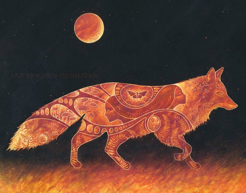 Fox print 8x10 art print of oil pastel etching animal totem pagan goddess art vulpecula constellation image 1