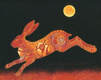 Rabbit print - magical hare - lepus constellation - 8x10 art print of original oil pastel etching - animal totem shaman pagan goddess art