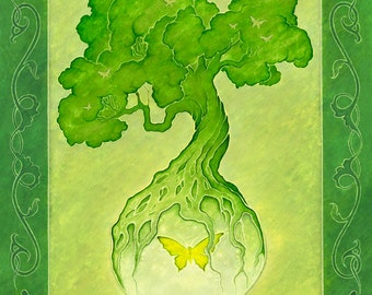 Summer - tree of life - four seasons art - 8x10 art print of oil pastel etching