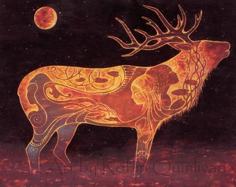 Elk print - 11x14 art print of oil pastel etching - animal totem pagan goddess art