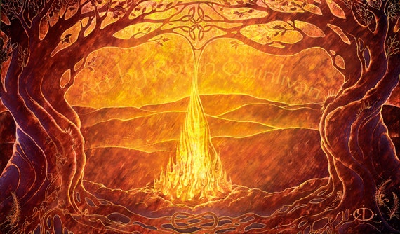 Fire on the Mountain - Print of Oil Pastel Etching - Celtic Fire