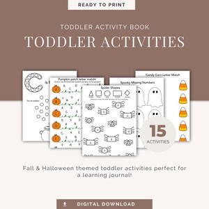 Puede incluir: Un conjunto de páginas de actividades imprimibles para niños pequeños con temática de otoño y Halloween. Las páginas incluyen actividades de correspondencia de letras, reconocimiento de formas y conteo. El texto de la imagen dice "Toddler Activities" y "15 Activities".