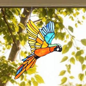 Vivid Color Suncatcher of a Macaw in Flight Stained Glass Window Sun Catcher Art 10x14in - Stained Glass Window Hanging