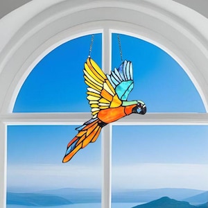 Vivid Color Suncatcher of a Macaw in Flight Stained Glass Window Sun Catcher Art 10x14in