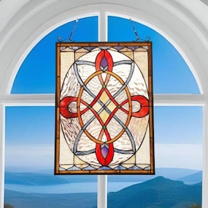 Stained Glass Window Panel Suncatcher of Interwoven Loops and Curves 18x25in - Window Hanging
