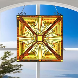 Mission Stained Glass Art Window Panel Suncatcher Warm Amber Gold Tones 24x24in - Housewarming Gift, New Home Gift Idea