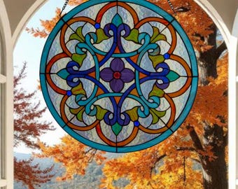 Floral Theme Stained Glass Window Panel Suncatcher Round Multicolor 20in - Stained Glass Window Decor