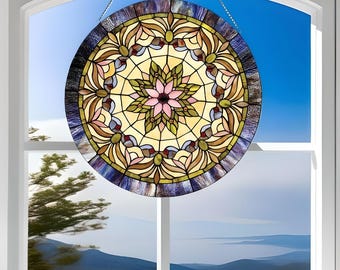 Victorian Stained Glass Medallion Floral Window Hanging Panel Suncatcher 22in