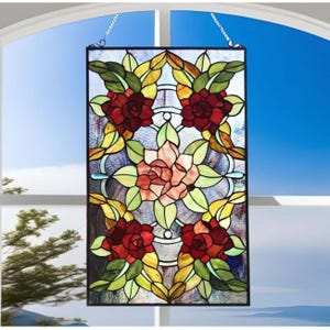 Stained Glass Window Panel Suncatcher with Floral Roses Design 20x32in