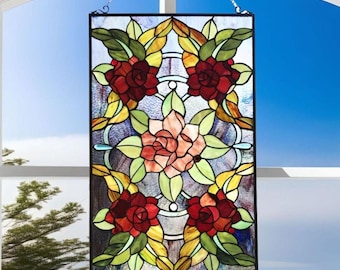 Stained Glass Window Panel Suncatcher with Floral Roses Design 20x32in