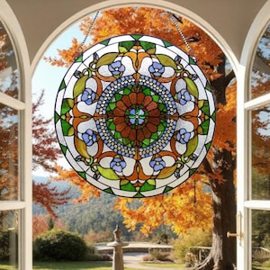 Beautiful Circular Stained Glass Panel With Floral Motif in Green Violet and Amber Tones 24in