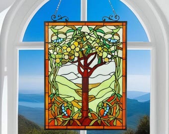 Tree of Life Stained Glass Window Panel Suncatcher Vibrant Spring Tones 18x25in