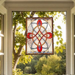 Stained Glass Window Panel Suncatcher of Interwoven Loops and Curves 18x25in - Window Hanging
