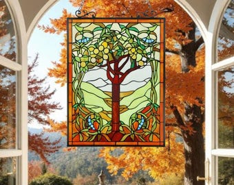 Tree of Life Stained Glass Window Panel Suncatcher Vibrant Spring Tones 18x25in - Window Hanging