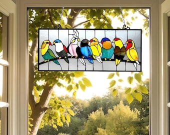 Stained Glass Window Panel Hanging Suncatcher with Birds in Vibrant Hues 25x11in