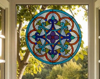 Floral Theme Stained Glass Window Panel Suncatcher Round Multicolor 20in - Stained Glass Window Decor