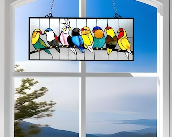 Stained Glass Window Panel Hanging Suncatcher with Birds in Vibrant Hues 25x11in