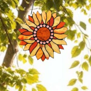 Orange Sunflower Design Stained Glass Window Panel Suncatcher Round 12in
