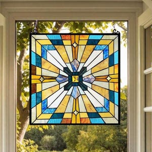 Mission Stained Glass Art Window Panel Suncatcher Multicolor Geometric 20x20in