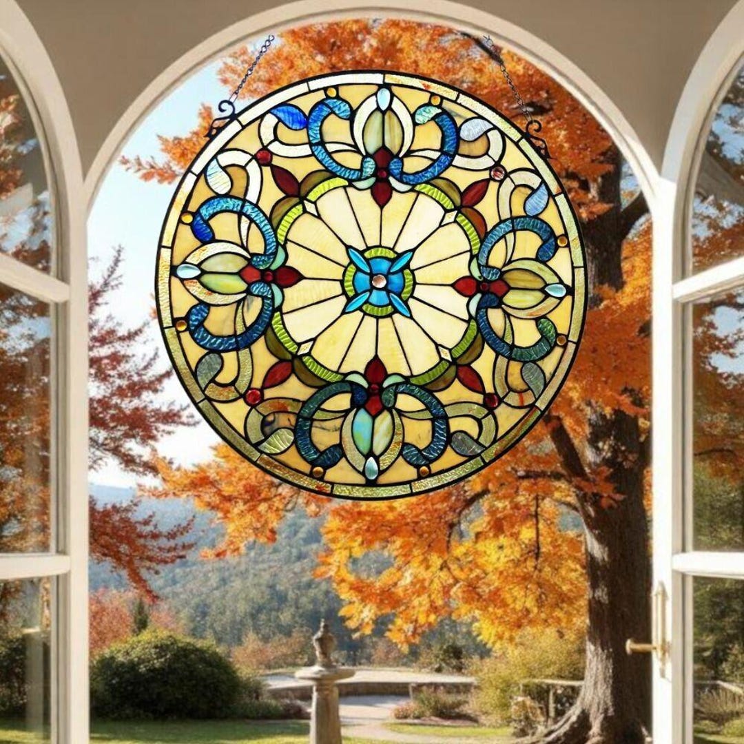 Shades of Amber Tiffany Style Victorian Design Round Window Panel 22in ...