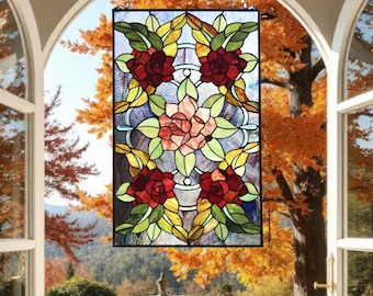 Floral Roses Stained Glass Window Panel Suncatcher – 20x32in