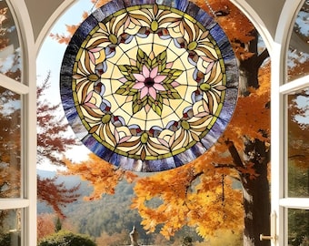 Victorian Stained Glass Medallion Floral Window Hanging Panel Suncatcher 22in