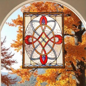 Stained Glass Window Panel Suncatcher of Interwoven Loops and Curves 18x25in - Window Hanging