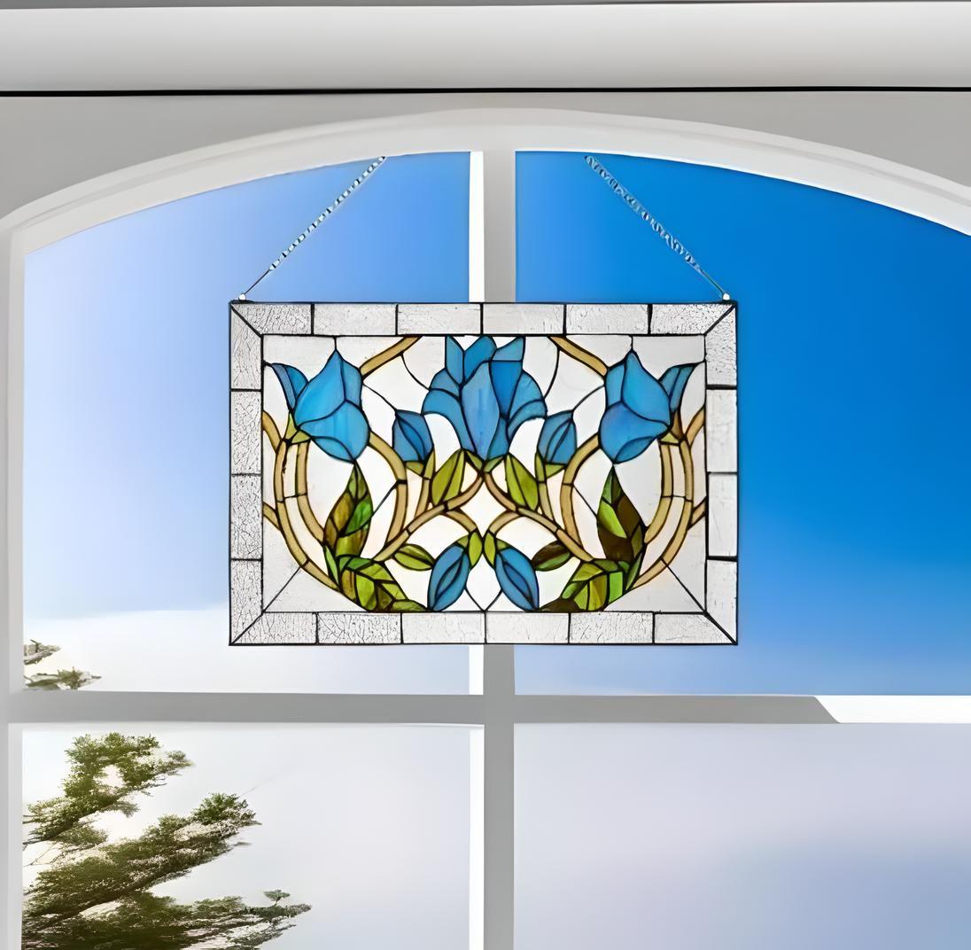 Tiffany Style Floral Vine Stained Glass Window Panel of Blue Lilies ...
