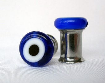 Pair of Blue Glass Evil Eye Bead Plugs - Girly Gauges - 8g, 6g, 4g, 2g, 0g, 00g, post earrings (3mm, 4mm, 5mm, 6mm, 8mm, 10mm)
