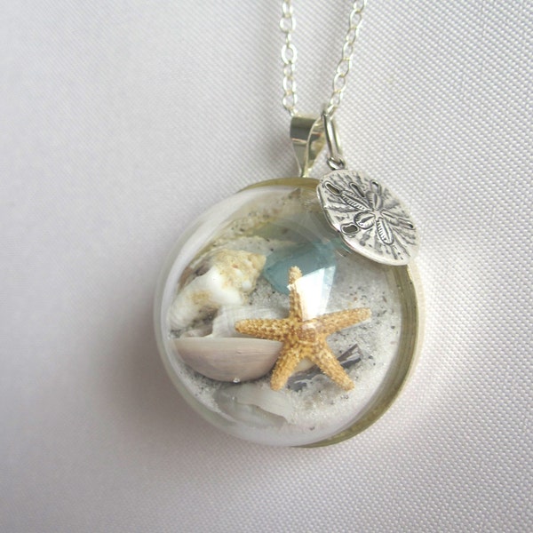 Sterling Silver Necklace w/ Real Starfish, Sea Glass, Sand and Shells - Beaches of 30-A - Handmade Beach in a Bubble Necklace- Unique Gift