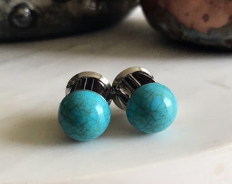 Pair of Turquoise Cabochon Plugs - Handmade Girly Gauges 8g, 6g, 4g, 2g, 0g, 00g, earrings (3mm, 4mm, 5mm, 6mm, 8mm, 10mm)