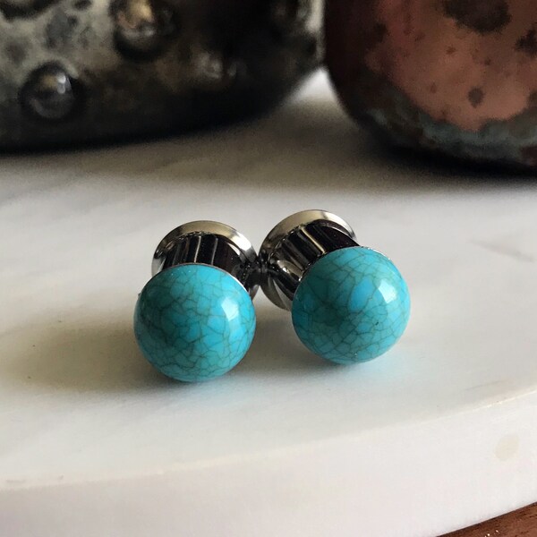 Pair of Turquoise Cabochon Plugs - Handmade Girly Gauges 8g, 6g, 4g, 2g, 0g, 00g, earrings (3mm, 4mm, 5mm, 6mm, 8mm, 10mm)