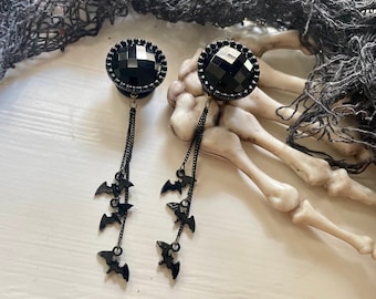 Pair of Black Rhinestone Bat Dangle Plugs - Halloween Gauges 1/2", 9/16”, 5/8", 3/4", 7/8", 1", 28mm