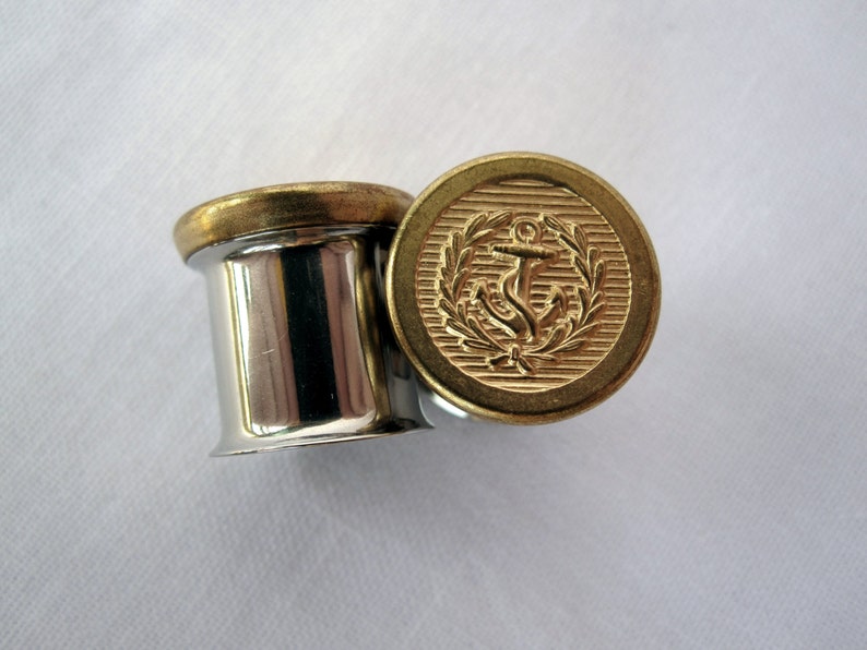 Pair of Gold Embossed Nautical Anchor Plugs Handmade Girly Gauges 0g, 00g, 7/16, 1/2, 9/16, 5/8 8mm, 10mm, 11mm, 12mm, 14mm, 16mm image 2